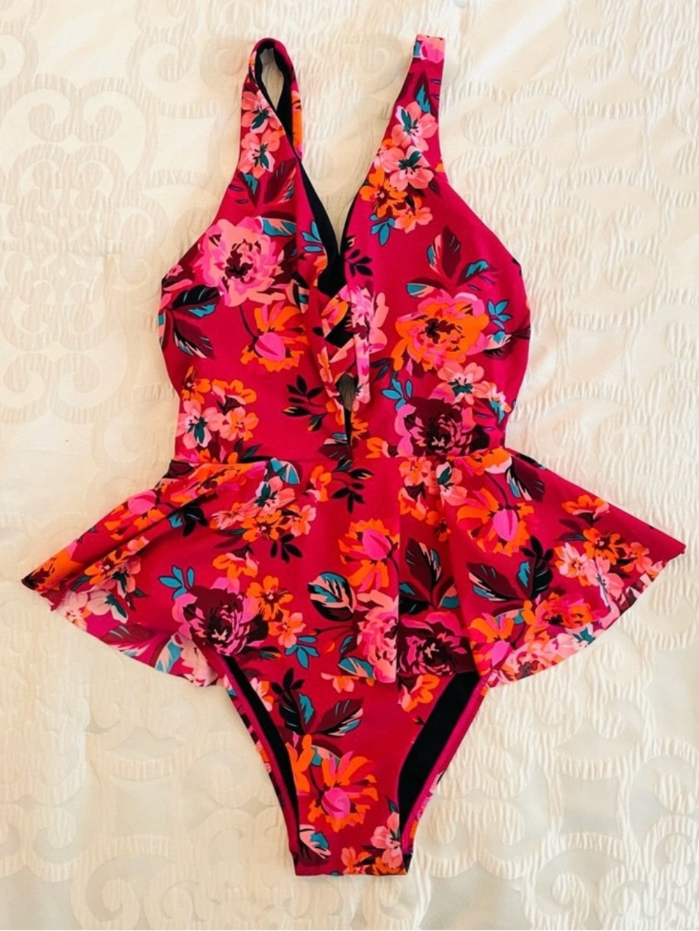 Skinny Dippers Fuchsia Floral Peplum One-Piece Swimsuit